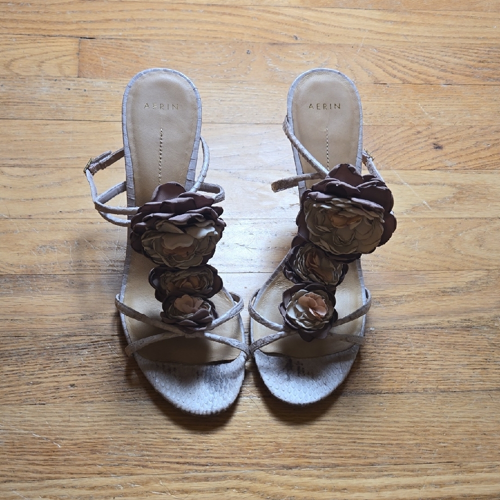 Aerin Corsica blush faux snakeskin leather floral corsage heels sandals